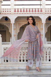 Lavender Cotton Flared Kurta-Pant & Dupatta Set with Floral Print, Thread Work, Lace & Sequins-P1382LAVENDER